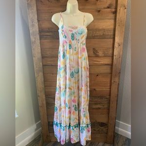 Gipsy Queen Muticolored Smocked  Tiered Hem Maxi Dress with Tassel Trim Size M/L